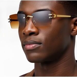 Men Sunglasses Gold Square Frame Brown Lens Fashion Shades UV400‎ Protection New